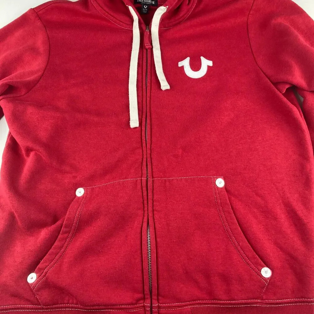 True Religion Mens XL Red Full Zip Hoodie Buddha World Tour Logo Sweatshirt